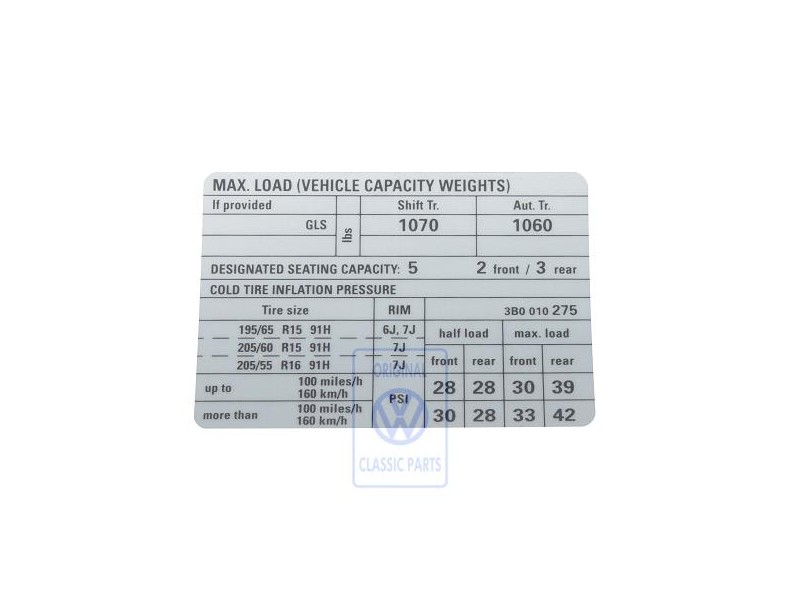VW Original Kennschild Für Reifendruck - 3B0010275
