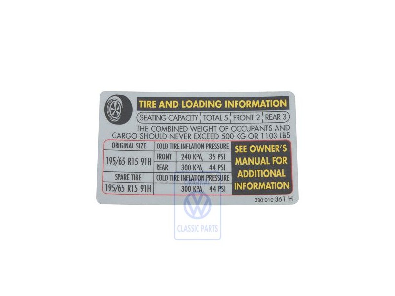 VW Original Kennschild Für Reifendruck - 3B0010361H