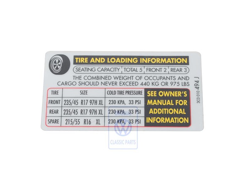 VW Original Kennschild Für Reifendruck - 3C0010494J