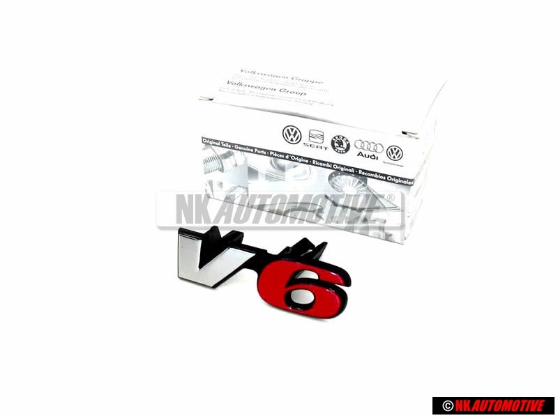 VW Original V6 Vorne Kühlergrill Emblem Schriftzug Chrom Rot - 7D0853679D EQW
