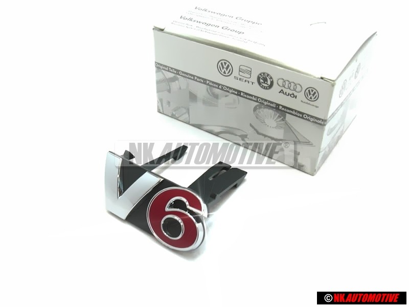 VW Original V6 Vorne Kühlergrill Emblem Schriftzug Chrom Rot - 1J5853679A GQF
