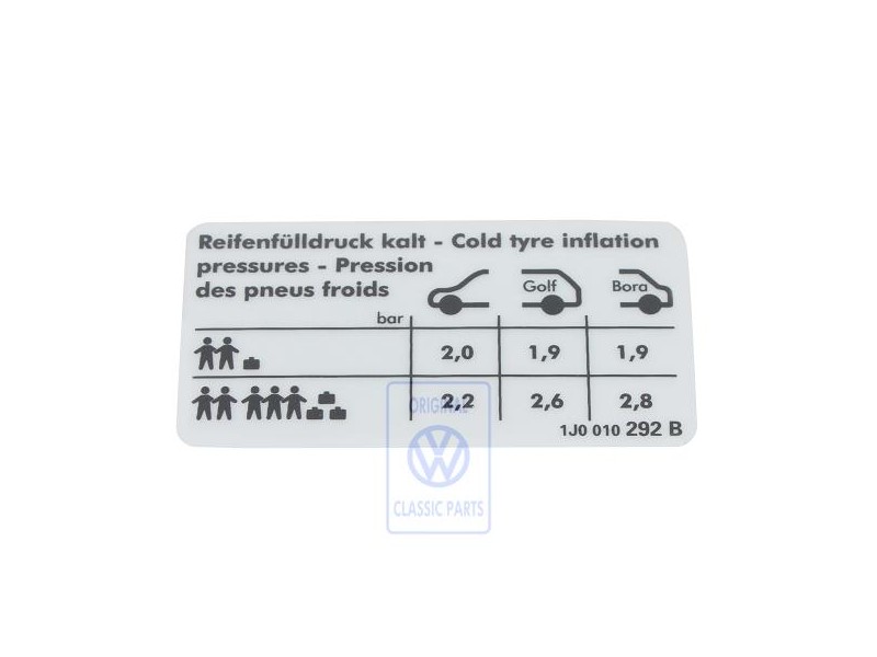 VW Original Kennschild Für Reifendruck - 1J0010292B