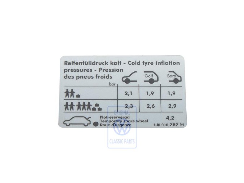 VW Original Kennschild Für Reifendruck - 1J0010292H