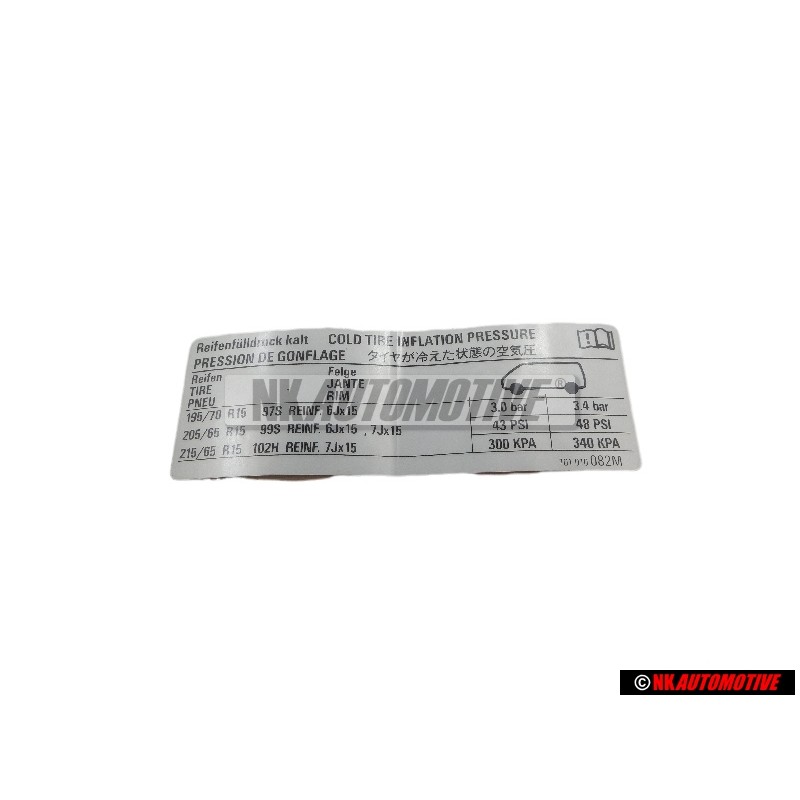 VW Original Kennschild Reifendruck Kalt Reifen Felge - 701010082M