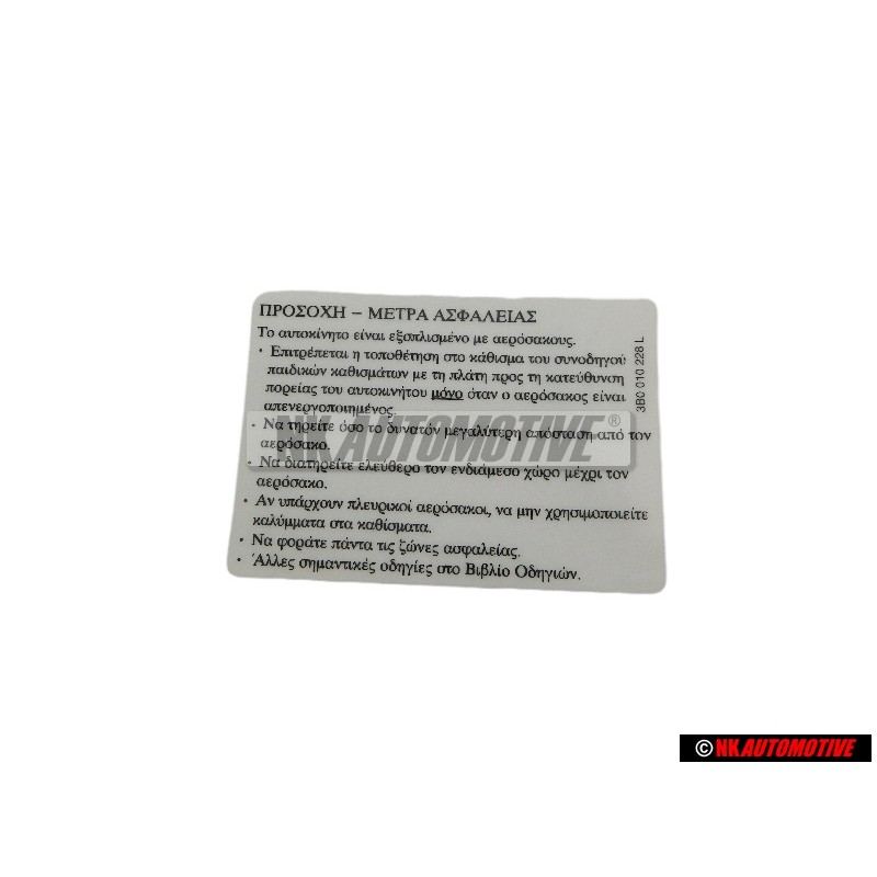 VW Original Kennschild -Achtung- Sicherheitshinweise - 3B0010228L