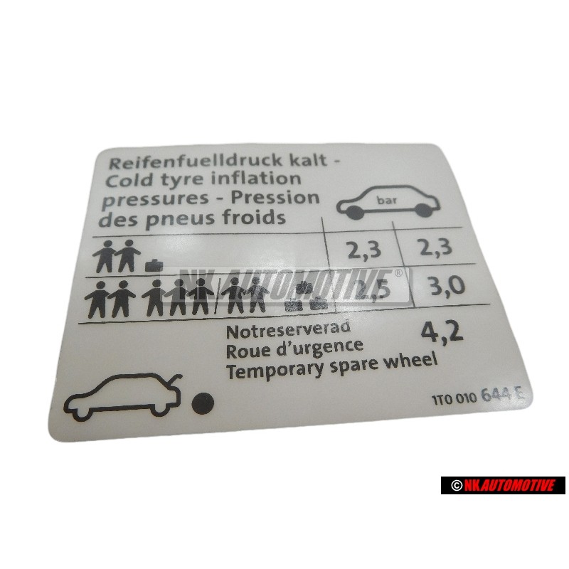 VW Original Kennschild Für Reifendruck - 1T0010644E