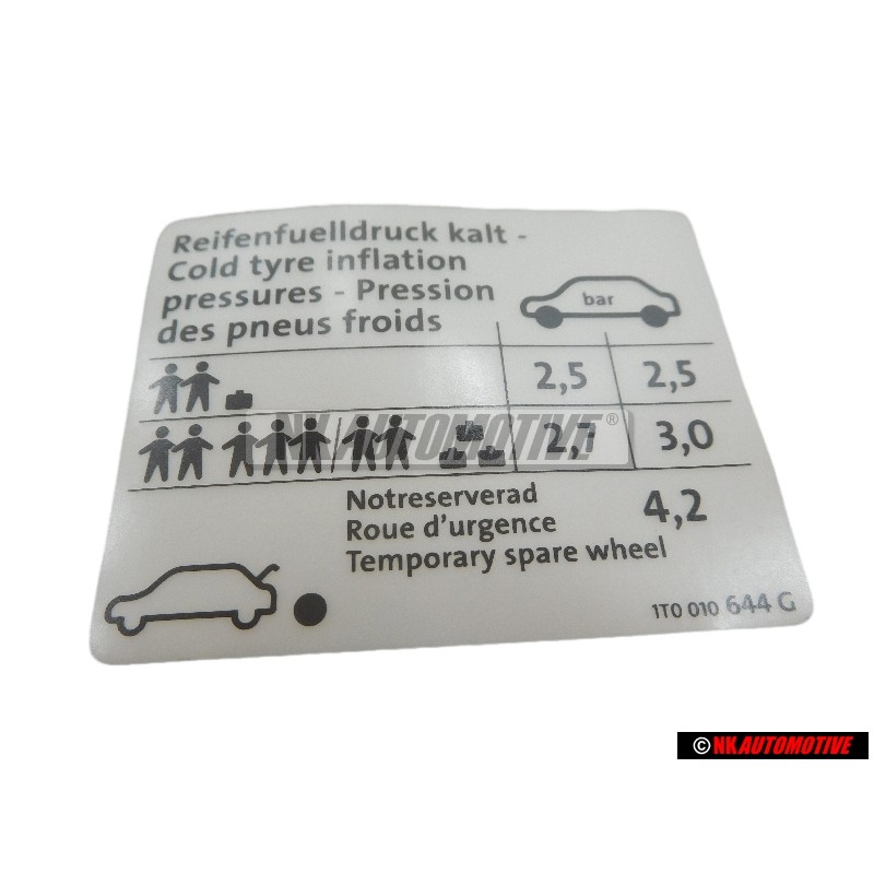 VW Original Kennschild Für Reifendruck - 1T0010644G