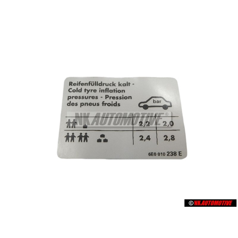 VW Original Kennschild Für Reifendruck - 6E0010238E