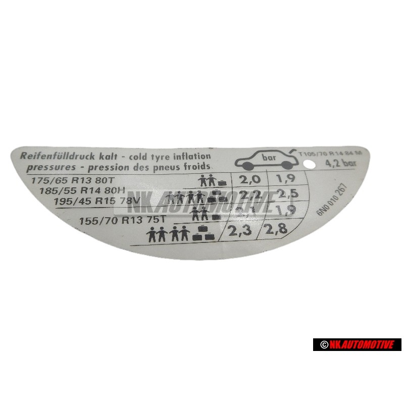 VW Original Kennschild Für Reifendruck - 6N0010267