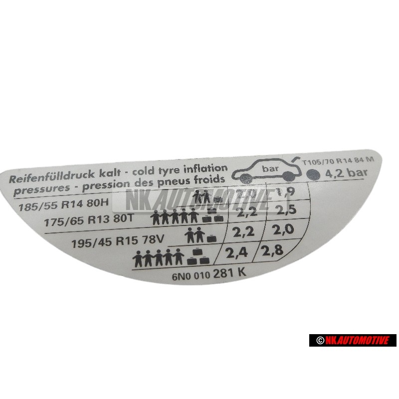 VW Original Kennschild Für Reifendruck - 6N0010281K