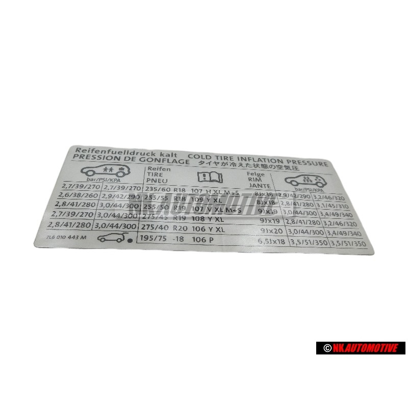 VW Original Kennschild Für Reifendruck - 7L6010443M