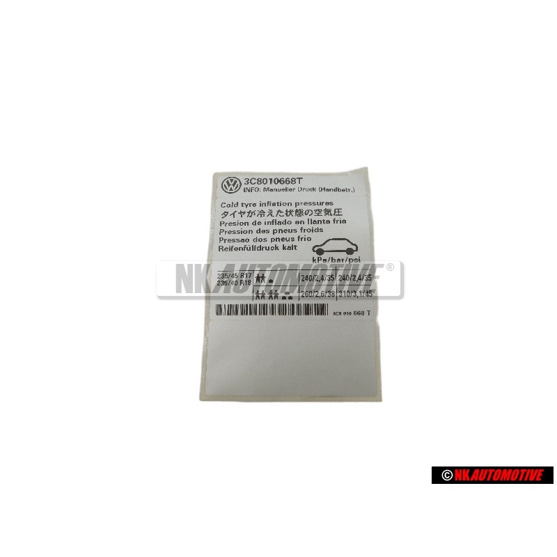 VW Original Kennschild Für Reifenfülldruck - 3C8010668T