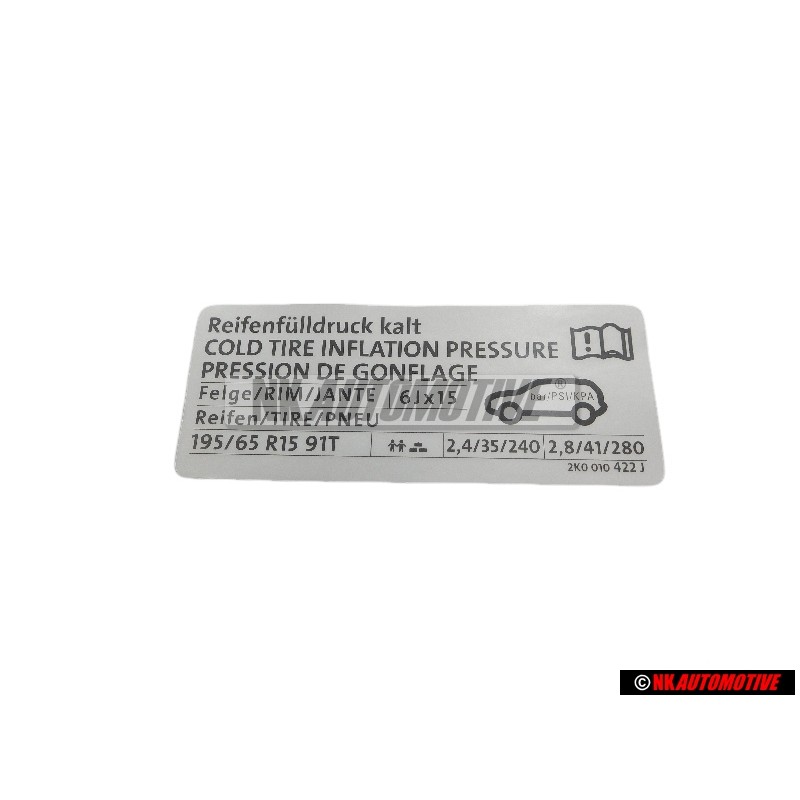 VW Original Kennschild Für Reifendruck - 2K0010422J