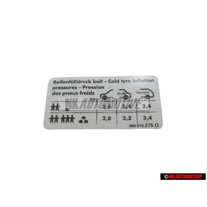 VW Original Kennschild Für Reifendruck - 3B0010275Q
