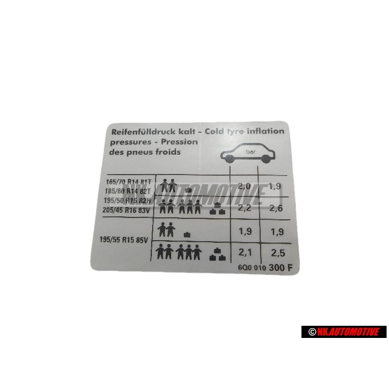 VW Original Kennschild Für Reifendruck - 6Q0010300F