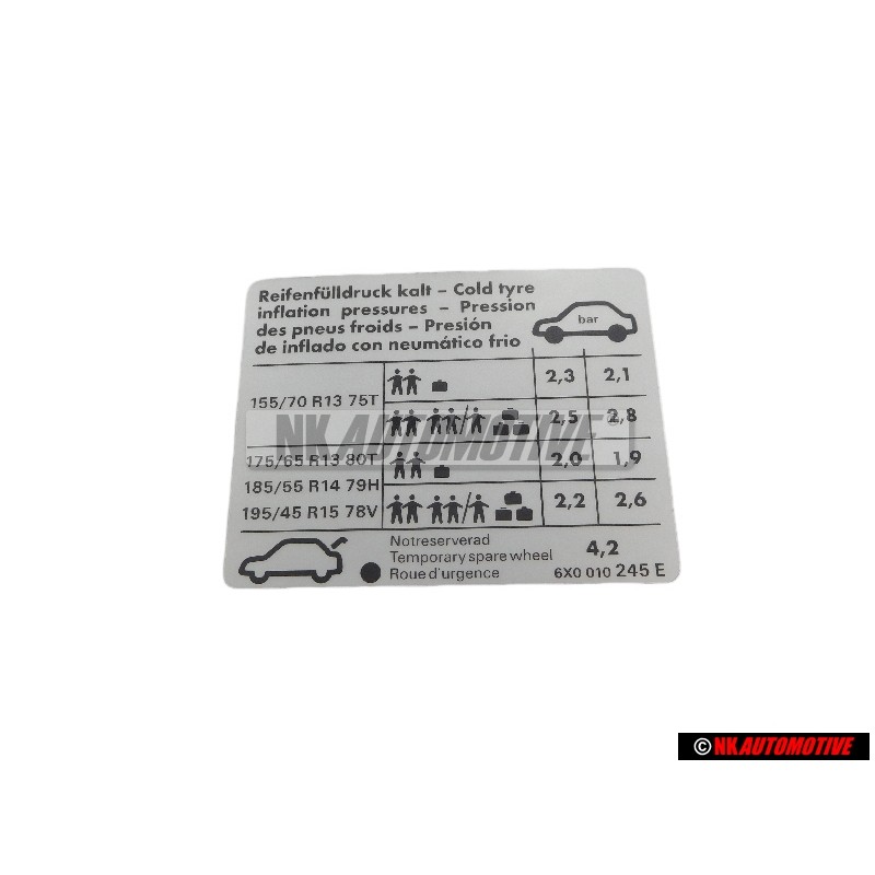 VW Original Kennschild Für Reifendruck - 6X0010245E