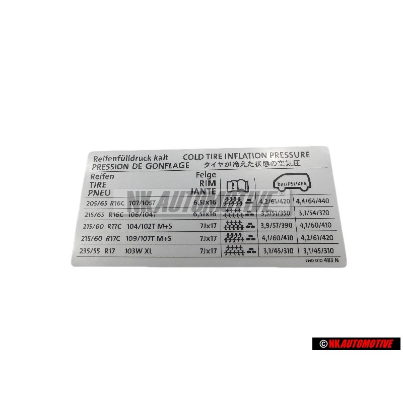 VW Original Kennschild Für Reifendruck - 7H0010483N