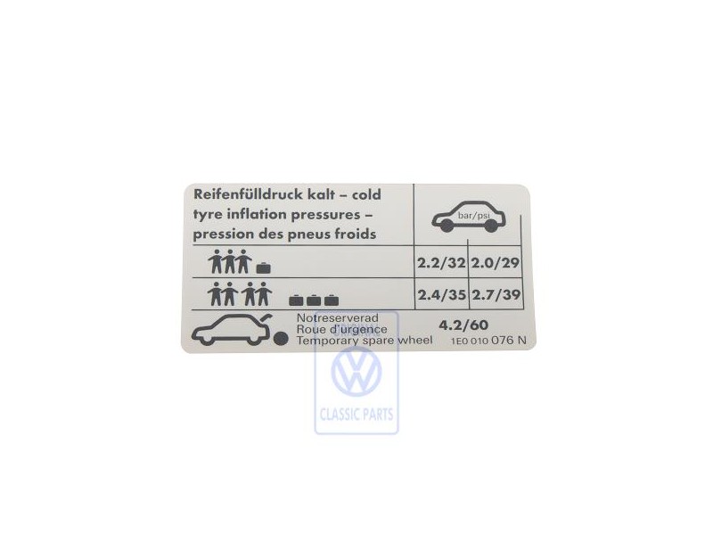 VW Original Kennschild Für Reifendruck - 1E0010076N