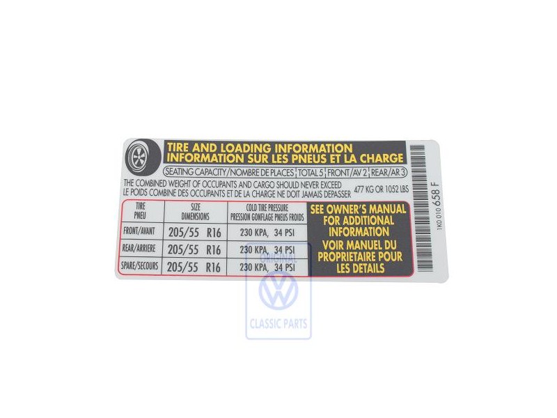 VW Original Kennschild Für Reifendruck - 1K0010658F