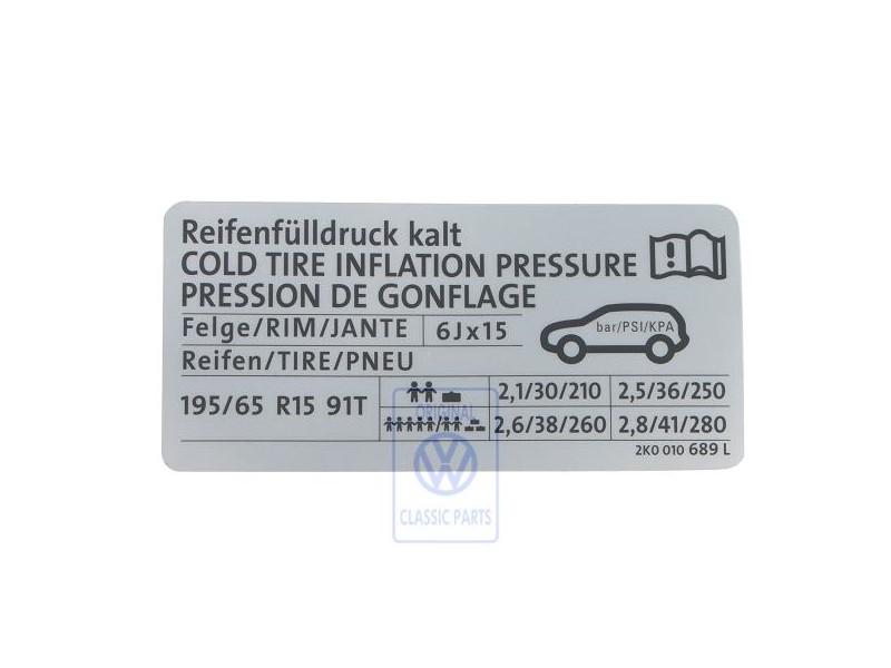 VW Original Kennschild Für Reifendruck - 2K0010689L
